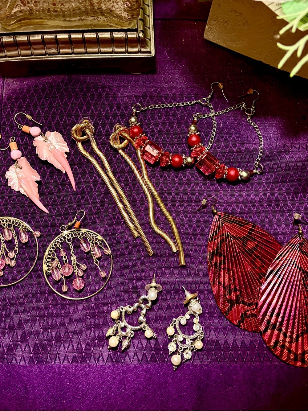 6 pair Fashion Earrings- Pink, Red, Pearl, Goldtone Accents